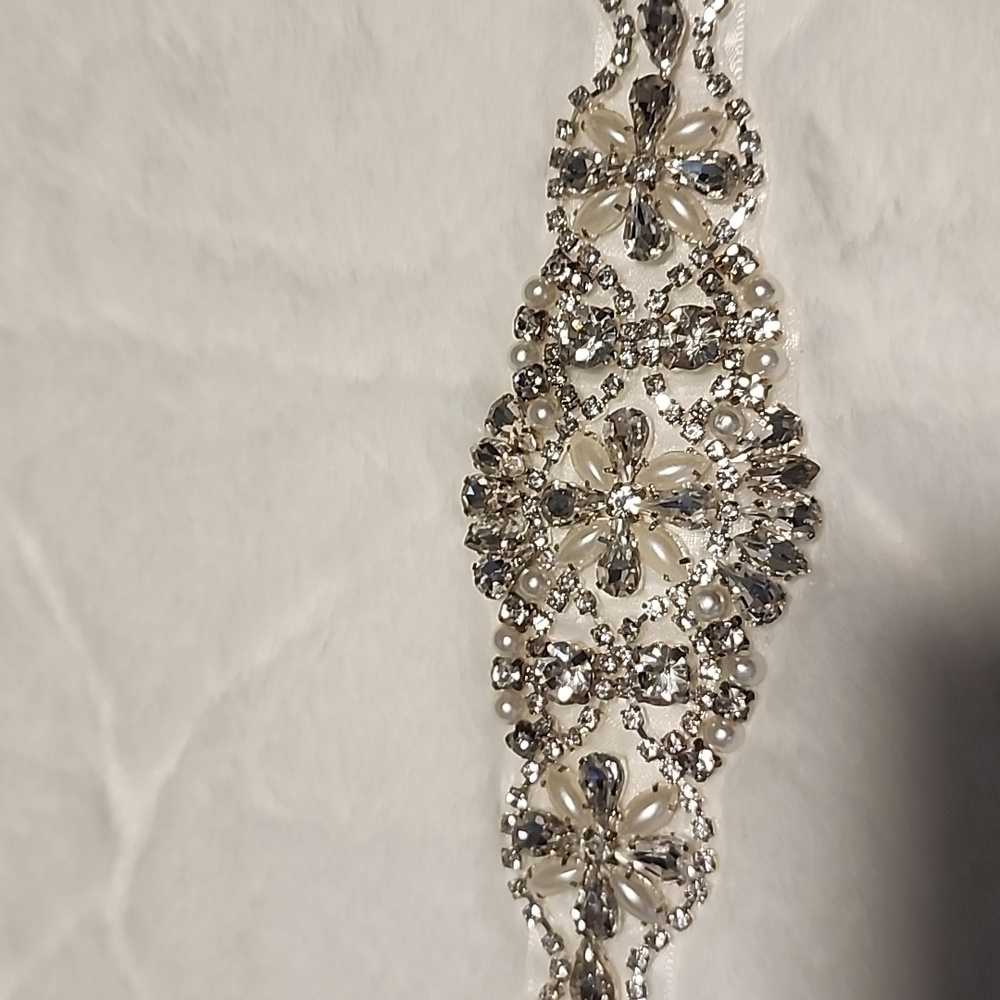White Bridal Belt with Rhinestone and Pearl Appliques- Brand New